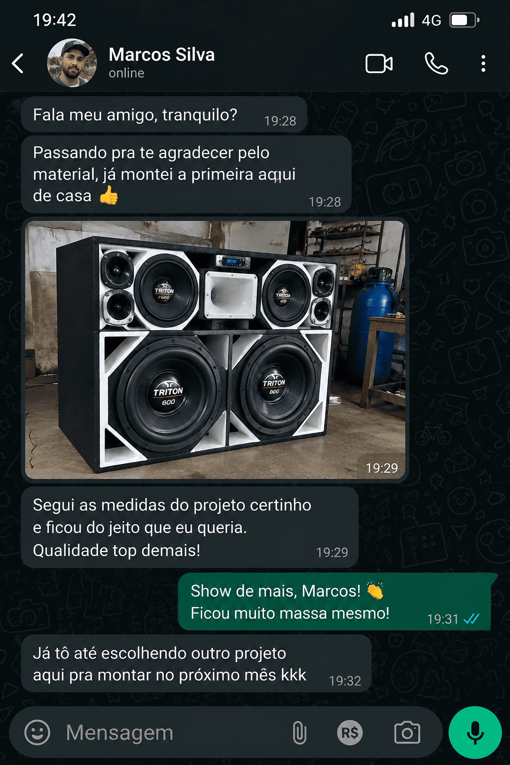 Exemplo ilustrativo de conversa sobre projeto de caixa de som